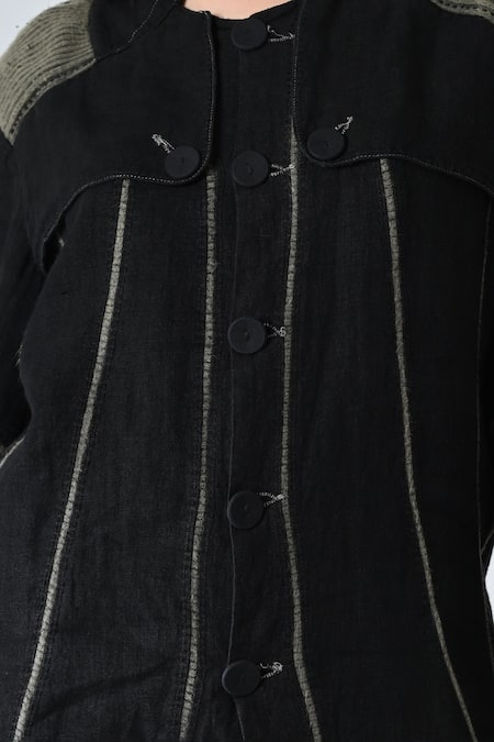 Samant Chauhan_Black Linen Round Neck Charcoal Craft Pant Co-ord Set _Online_at_Aza_Fashions