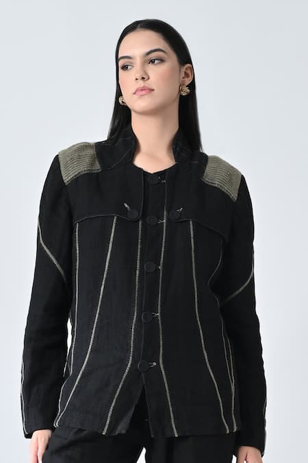 Shop_Samant Chauhan_Black Linen Round Neck Charcoal Craft Pant Co-ord Set _Online_at_Aza_Fashions