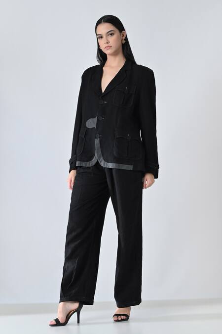 Samant Chauhan_Black Linen Notched Neck Deep Form Pant Co-ord Set _Online_at_Aza_Fashions