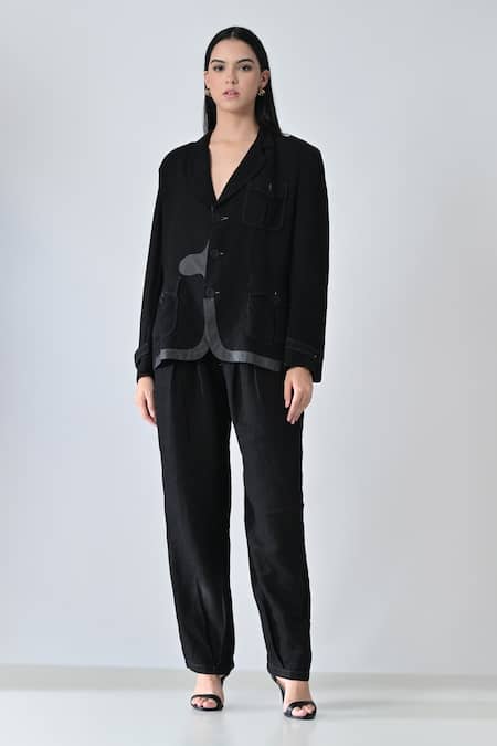 Buy_Samant Chauhan_Black Linen Notched Neck Deep Form Pant Co-ord Set _Online_at_Aza_Fashions