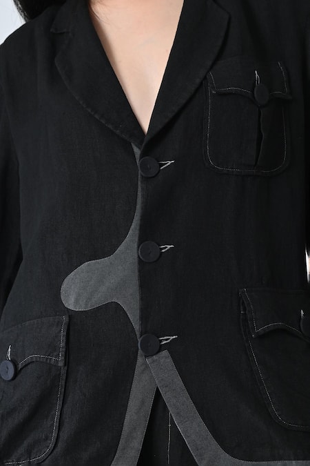 Shop_Samant Chauhan_Black Linen Notched Neck Deep Form Pant Co-ord Set _Online_at_Aza_Fashions