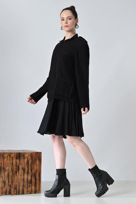 Buy_Samant Chauhan_Black Linen Embroidery Collared Smoke Shadow Jacket _Online_at_Aza_Fashions