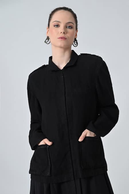 Shop_Samant Chauhan_Black Linen Embroidery Collared Smoke Shadow Jacket _Online_at_Aza_Fashions