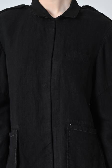 Samant Chauhan_Black Linen Embroidery Collared Smoke Shadow Jacket _at_Aza_Fashions