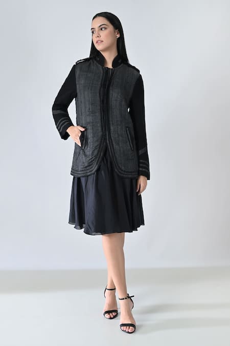 Samant Chauhan Black Linen Collared Steel Fade Jacket 