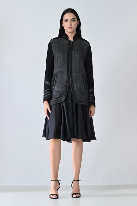 Samant Chauhan_Black Linen Collared Steel Fade Jacket _Online_at_Aza_Fashions