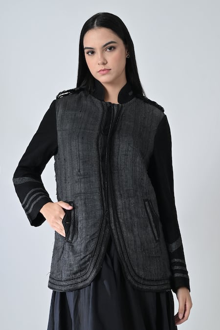 Buy_Samant Chauhan_Black Linen Collared Steel Fade Jacket _Online_at_Aza_Fashions