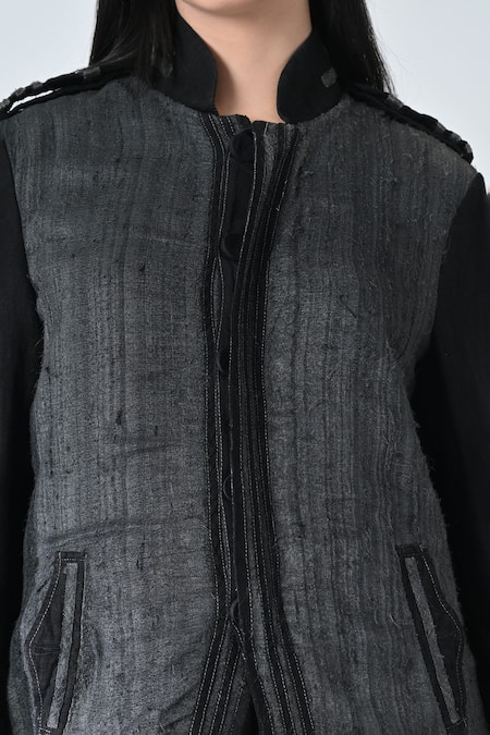 Shop_Samant Chauhan_Black Linen Collared Steel Fade Jacket _Online_at_Aza_Fashions