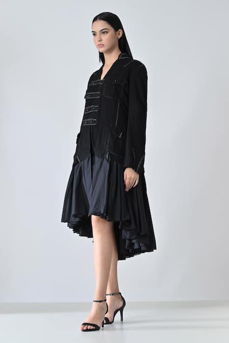 Samant Chauhan_Black Linen V-neck Smokey Jacket _Online_at_Aza_Fashions
