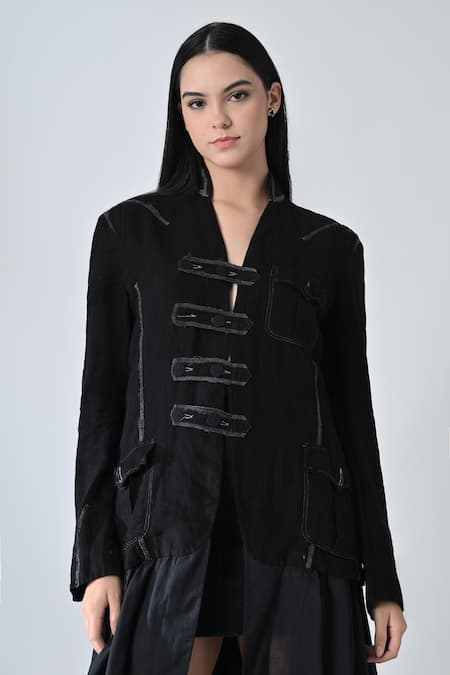 Buy_Samant Chauhan_Black Linen V-neck Smokey Jacket _Online_at_Aza_Fashions