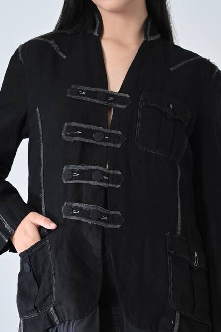 Shop_Samant Chauhan_Black Linen V-neck Smokey Jacket _Online_at_Aza_Fashions