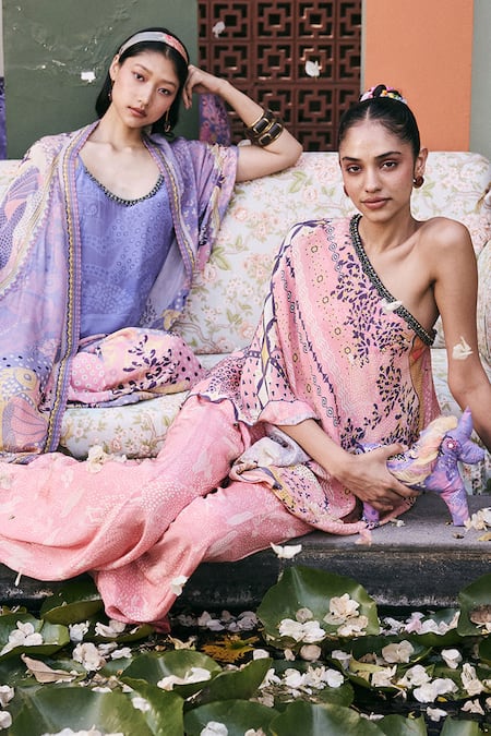 Buy_Saundh_Pink Muslin, Silk, Viscose Tassels, Juliet Asymmetric Top And Flared Pant _Online_at_Aza_Fashions
