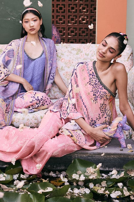 Shop_Saundh_Pink Muslin, Silk, Viscose Tassels, Juliet Asymmetric Top And Flared Pant _Online_at_Aza_Fashions