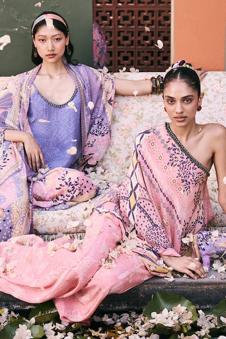 Buy_Saundh_Pink Muslin, Silk, Viscose Tassels, Juliet Asymmetric Top And Flared Pant 