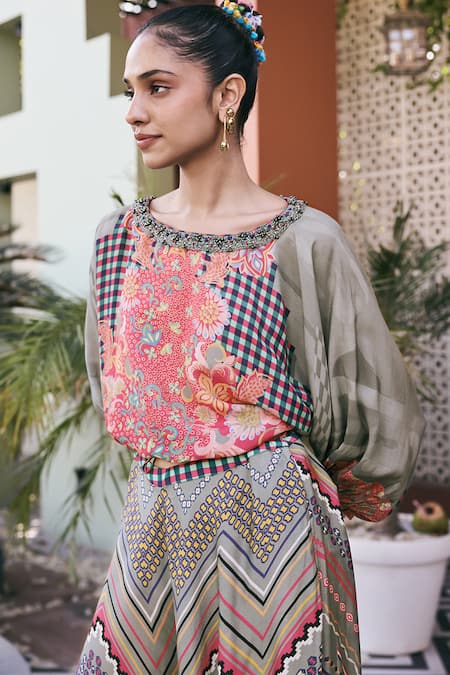 Buy_Saundh_Gray Muslin, Silk, Viscose Tassels Round Printed Crop Top And Paneled Skirt Set _Online_at_Aza_Fashions