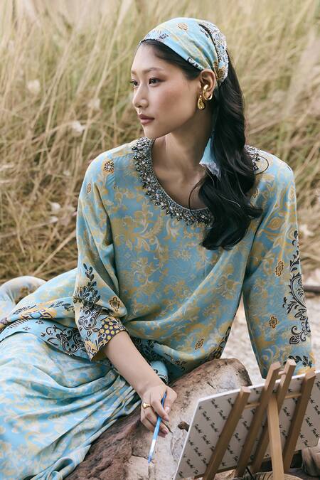 Shop_Saundh_Blue Muslin, Silk, Viscose Metallic Thread Round Neck Firdaus High-low Tunic _Online_at_Aza_Fashions