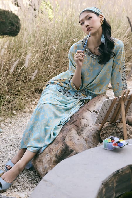 Saundh_Blue Muslin, Silk, Viscose Metallic Thread Round Neck Firdaus High-low Tunic _at_Aza_Fashions