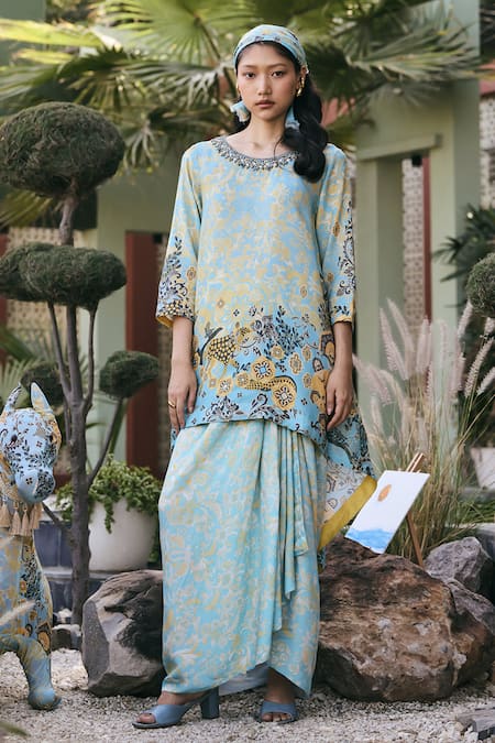 Shop_Saundh_Blue Muslin, Silk, Viscose Metallic Thread Round Neck Firdaus High-low Tunic 