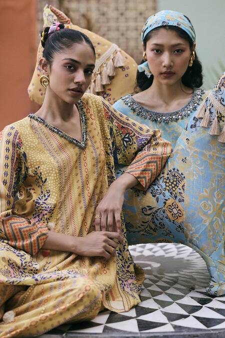 Saundh_Yellow Muslin, Silk, Viscose V-neck Paneled Kurta And Sharara Set _at_Aza_Fashions