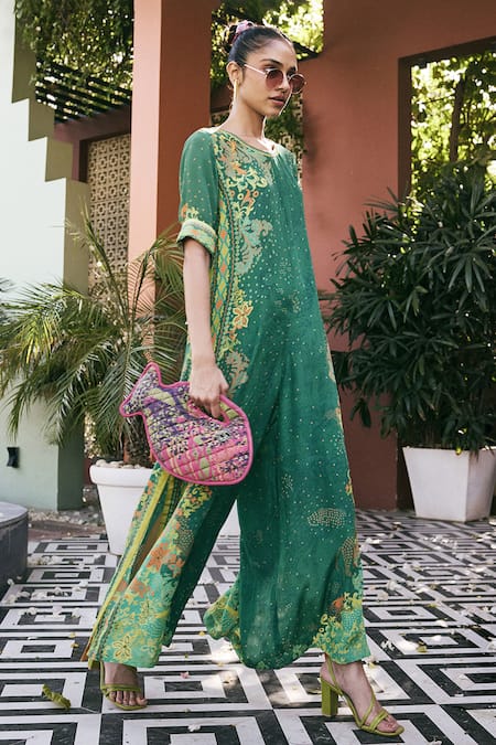 Shop_Saundh_Green Viscose, Crepe Round Neck The Neer Printed Jumpsuit _Online_at_Aza_Fashions