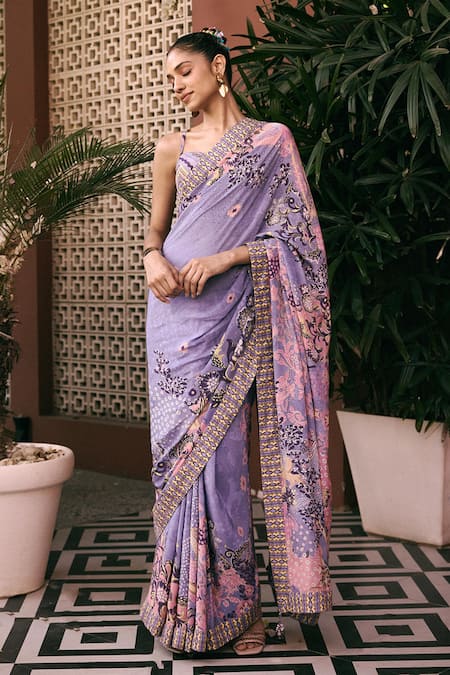 Buy_Saundh_Purple Crepe Tassels The Ashwini Printed Saree With Unstitched Blouse Piece_Online_at_Aza_Fashions