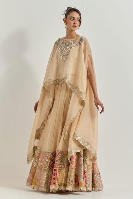 Buy Kavita Bhartia Beige Chanderi Patchwork, Embroidery, Mirrors, Zari Golden Tissue Lehenga Set Online at Aza Fashions Buy_Kavita Bhartia_Beige Chanderi Patchwork, Embroidery, Mirrors, Zari Golden Tissue Lehenga Set _Online_at_Aza_Fashions