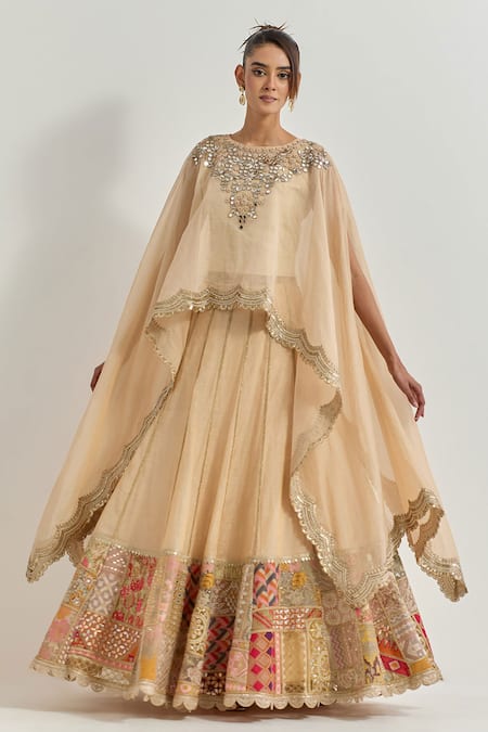 Kavita Bhartia Beige Chanderi Patchwork, Embroidery, Mirrors, Zari Golden Tissue Lehenga Set 