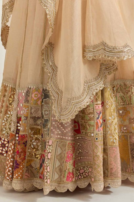 Kavita Bhartia Beige Chanderi Patchwork, Embroidery, Mirrors, Zari Golden Tissue Lehenga Set at Aza Fashions Kavita Bhartia_Beige Chanderi Patchwork, Embroidery, Mirrors, Zari Golden Tissue Lehenga Set _at_Aza_Fashions