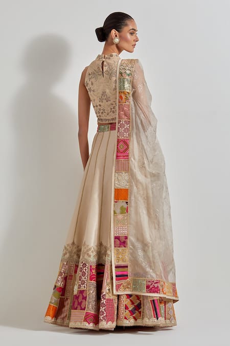 Kavita Bhartia Ivory Brocade Patch Work Lehenga Set 