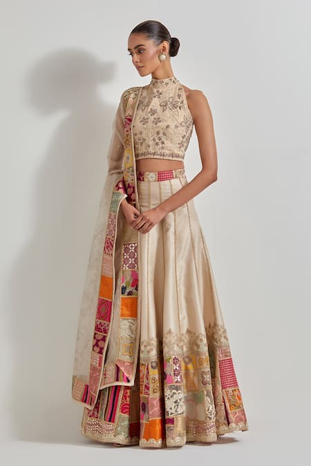 Buy_Kavita Bhartia_Ivory Brocade, Organza Patchwork, Embroidery, Zari, Gota Patch Work Lehenga Set _Online_at_Aza_Fashions