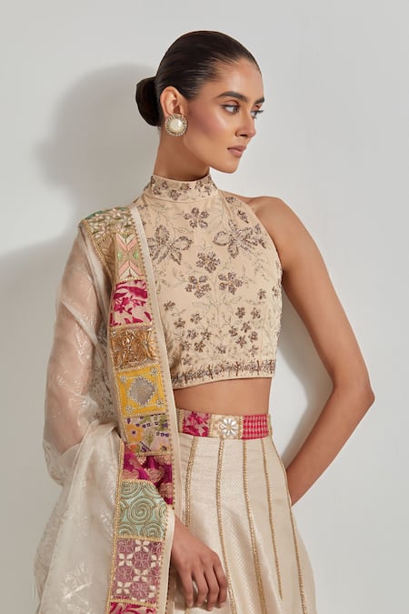 Shop_Kavita Bhartia_Ivory Brocade, Organza Patchwork, Embroidery, Zari, Gota Patch Work Lehenga Set _Online_at_Aza_Fashions