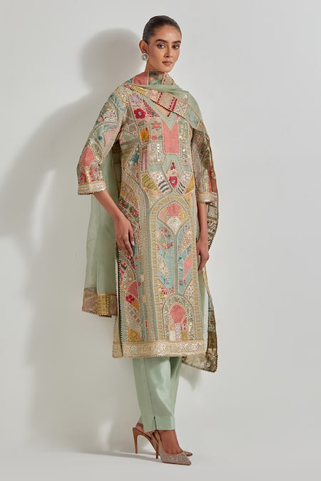 Kavita Bhartia_Green Chanderi Silk, Organza Embroidery Round Neck Patch Work Kurta Set _Online_at_Aza_Fashions