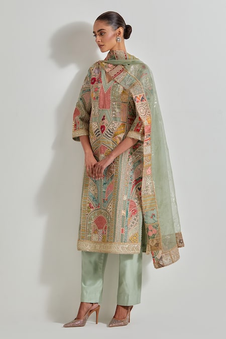 Shop_Kavita Bhartia_Green Chanderi Silk, Organza Embroidery Round Neck Patch Work Kurta Set _Online_at_Aza_Fashions