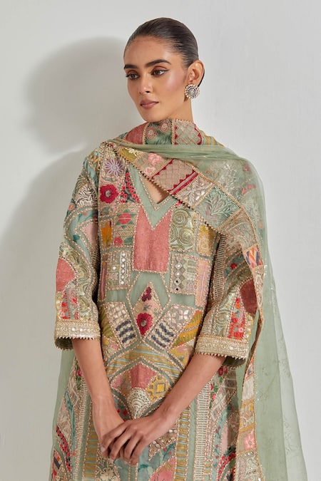 Kavita Bhartia_Green Chanderi Silk, Organza Embroidery Round Neck Patch Work Kurta Set _at_Aza_Fashions