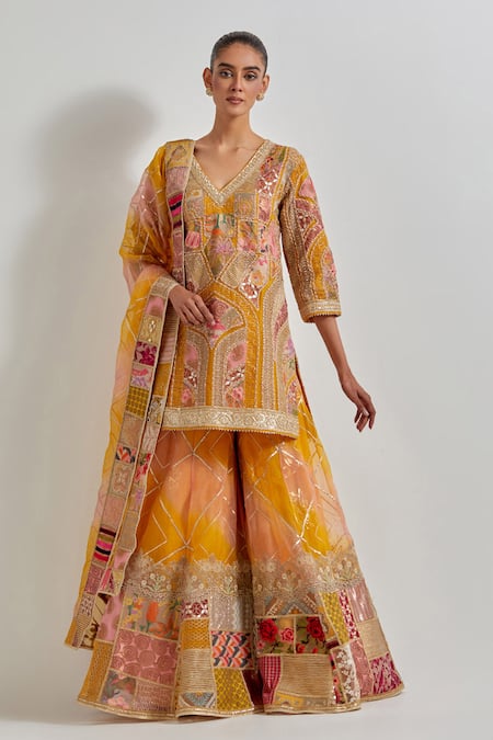 Kavita Bhartia Yellow Silk , Embroidery, Patchwork V-neck Work Sharara Set