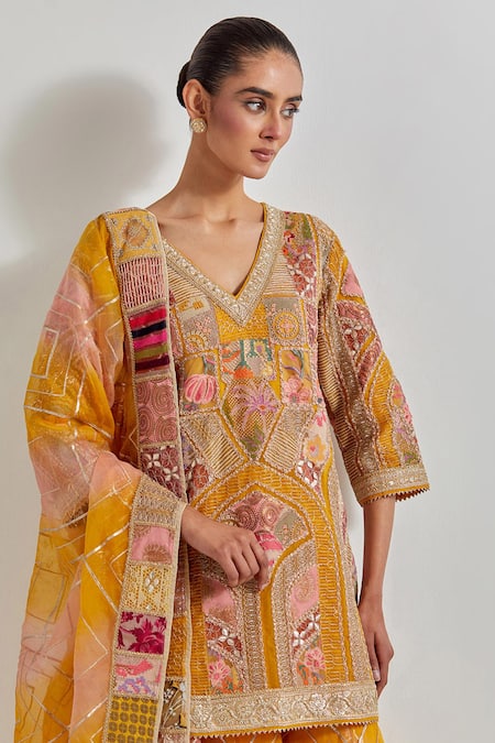 Buy Kavita Bhartia Yellow Silk , Embroidery, Patchwork V-neck Work Sharara Set Buy_Kavita Bhartia_Yellow Silk , Embroidery, Patchwork V-neck Work Sharara Set