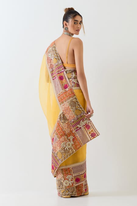 Kavita Bhartia Mustard Yellow Patch Work Saree With Blouse 