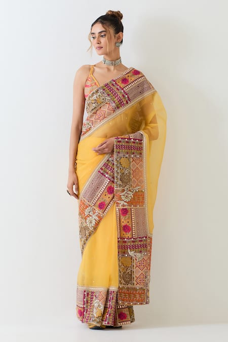 Kavita Bhartia Mustard Organza, Cotton Embroidery Plunge Yellow Patch Work Saree With Blouse