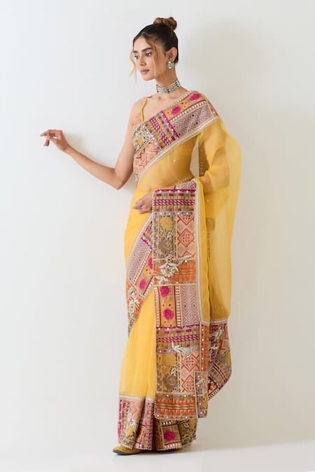 Kavita Bhartia_Mustard Organza, Cotton Embroidery Plunge Yellow Patch Work Saree With Blouse _Online_at_Aza_Fashions