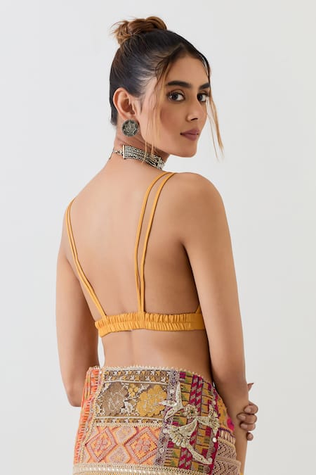 Buy_Kavita Bhartia_Mustard Organza, Cotton Embroidery Plunge Yellow Patch Work Saree With Blouse _Online_at_Aza_Fashions