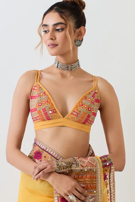Shop_Kavita Bhartia_Mustard Organza, Cotton Embroidery Plunge Yellow Patch Work Saree With Blouse _Online_at_Aza_Fashions