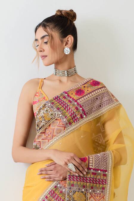 Kavita Bhartia_Mustard Organza, Cotton Embroidery Plunge Yellow Patch Work Saree With Blouse _at_Aza_Fashions