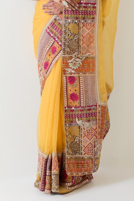 Buy_Kavita Bhartia_Mustard Organza, Cotton Embroidery Plunge Yellow Patch Work Saree With Blouse 