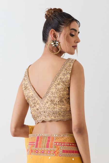 Kavita Bhartia_Mustard Georgette, Tissue Beads V-neck Yellow Saree With Blouse _Online_at_Aza_Fashions