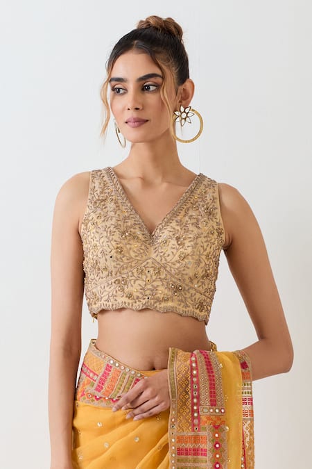 Buy_Kavita Bhartia_Mustard Georgette, Tissue Beads V-neck Yellow Saree With Blouse _Online_at_Aza_Fashions
