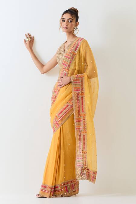 Shop_Kavita Bhartia_Mustard Georgette, Tissue Beads V-neck Yellow Saree With Blouse _Online_at_Aza_Fashions
