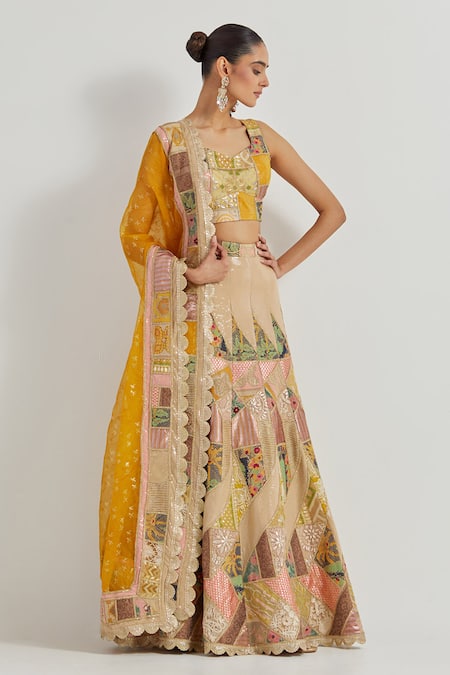 Kavita Bhartia Beige Viscose, Organza Sequins, Embroidery, Patchwork Sweetheart Lehenga Set Online at Aza Fashions Kavita Bhartia_Beige Viscose, Organza Sequins, Embroidery, Patchwork Sweetheart Lehenga Set _Online_at_Aza_Fashions