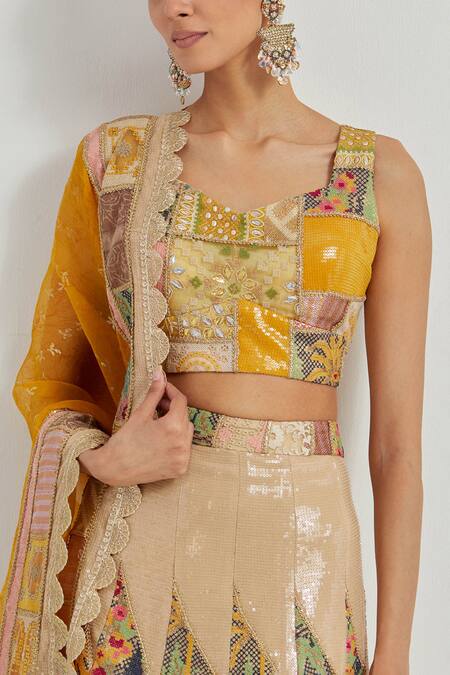 Buy Kavita Bhartia Beige Viscose, Organza Sequins, Embroidery, Patchwork Sweetheart Lehenga Set Online at Aza Fashions Buy_Kavita Bhartia_Beige Viscose, Organza Sequins, Embroidery, Patchwork Sweetheart Lehenga Set _Online_at_Aza_Fashions