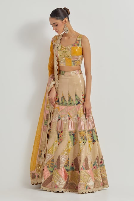 Shop Kavita Bhartia Beige Viscose, Organza Sequins, Embroidery, Patchwork Sweetheart Lehenga Set Online at Aza Fashions Shop_Kavita Bhartia_Beige Viscose, Organza Sequins, Embroidery, Patchwork Sweetheart Lehenga Set _Online_at_Aza_Fashions