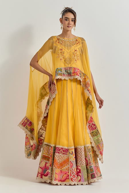 Kavita Bhartia Yellow Organza Embroidery Round Neck Lehenga Set 